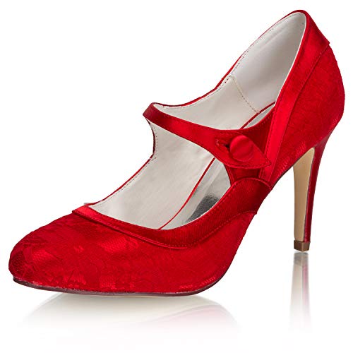 JIAJIA 167914 Damen Brautschuhe Closed Toe 8,5 cm Stiletto High Heel Spitze Satin Pumps Hochzeitsschuhe Farbe Rot,Größe 39 EU von JIAJIA