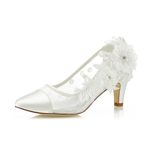 JIAJIA 4537 Damen Brautschuhe Cap-Toe 6cm Pfennigabsatz Spitze Satin Pumps Satin Blume Net Garn Hochzeitsschuhe Farbe Elfenbein,Größe 37 EU (4 UK) von JIAJIA