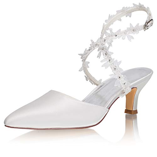 JIAJIA 5354A Damen Brautschuhe Closed Toe 5,6 cm Stiletto Mid Heel Satin Pumps Hochzeitsschuhe Farbe Elfenbein,Größe 38 EU von JIAJIA