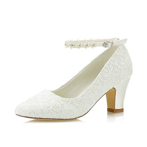 JIAJIA 62311A Damen Brautschuhe Closed Toe 7cm Chunky Heel Spitze Satin Pumps Satin Blume Hochzeitsschuhe Farbe Elfenbein,Größe 40.5 EU von JIAJIA