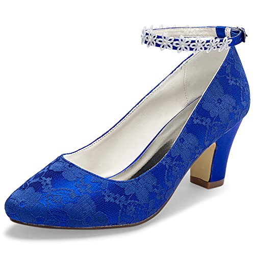 JIAJIA 62311A Damen Brautschuhe Closed Toe Chunky Heel Spitze Satin Pumps Satin Blume Hochzeitsschuhe Farbe Blau,Größe 36 EU (3 UK) von JIAJIA