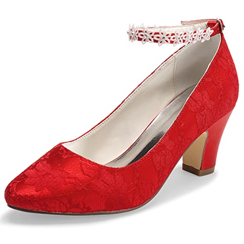 JIAJIA 62311A Damen Brautschuhe Closed Toe Chunky Heel Spitze Satin Pumps Satin Blume Hochzeitsschuhe Farbe Rot,Größe 35 EU (2.5 UK) von JIAJIA