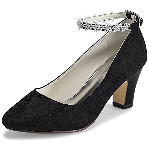 JIAJIA 62311A Damen Brautschuhe Closed Toe Chunky Heel Spitze Satin Pumps Satin Blume Hochzeitsschuhe Farbe Schwarz,Größe 35 EU (2.5 UK) von JIAJIA