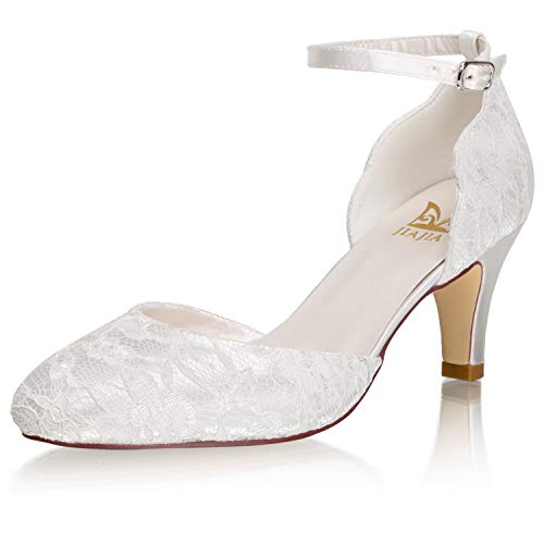 JIAJIA 62373 Damen Memory Foam Brautschuhe Geschlossene Zehe 6,5 cm Stiletto Mittlerer Absatz Spitze Satin Pumps Hochzeitsschuhe Farbe Elfenbein,Größe 35 EU (2.5 UK) von JIAJIA