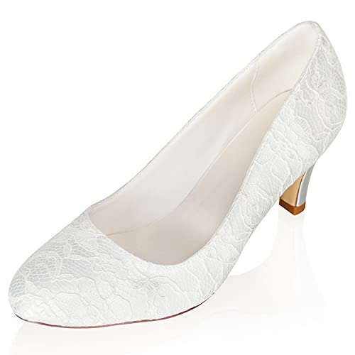 JIAJIA 62376 Damen Brautschuhe Geschlossene Zehe 6,5CM Kegel Mittlerer Absatz Spitze Satin Pumps Hochzeitsschuhe Farbe Elfenbein,Größe 42 EU (8 UK) von JIAJIA