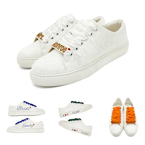 JIAJIA 8831Y Personalisierte Hochzeitsschuhe Brautsneaker Flache Schuhe für die Braut Tennisschuhe mit Spitzee Farbe Elfenbein,Größe 38 EU (5 UK) von JIAJIA