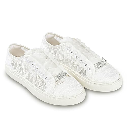 JIAJIA 8832 Personalisierte Metall Namens Hochzeitsschuhe Braut Turnschuhe Flats Braut Tennisschuhe Maßgeschneiderte Spitzen Turnschuhe Farbe Elfenbein,Größe 41 EU (7 UK) von JIAJIA