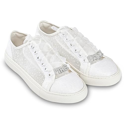 JIAJIA 8832A Personalisierte Metall Namens Hochzeitsschuhe Braut Turnschuhe Flats Braut Tennisschuhe Maßgeschneiderte Spitzen Turnschuhe Farbe Elfenbein,Größe 37 EU (4 UK) von JIAJIA