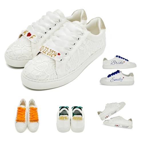 JIAJIA 8833 Personalisierte Hochzeitsschuhe Brautsneaker Flache Schuhe für die Braut Tennisschuhe mit Spitzee Farbe Elfenbein,Größe 38 EU (5 UK) von JIAJIA
