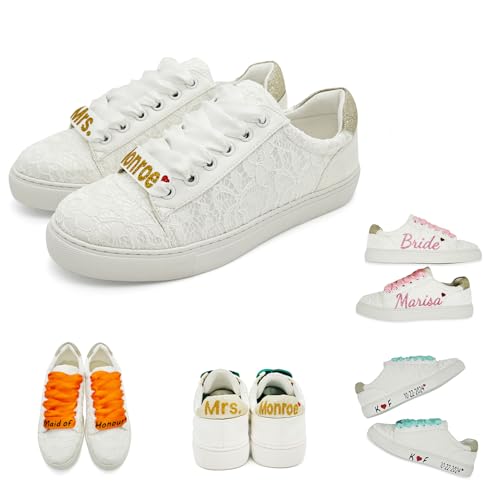 JIAJIA 8834A Personalisierte Hochzeitsschuhe Brautsneaker Flache Schuhe für die Braut Tennisschuhe mit Spitzee Farbe Elfenbein,Größe 42 EU (8 UK) von JIAJIA