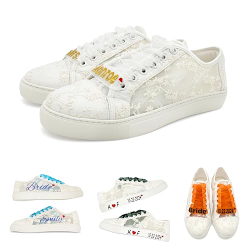 JIAJIA 8835 Personalisierte Hochzeitsschuhe Brautsneaker Flache Schuhe für die Braut Tennisschuhe mit Spitzee Farbe Elfenbein,Größe 42 EU (8 UK) von JIAJIA
