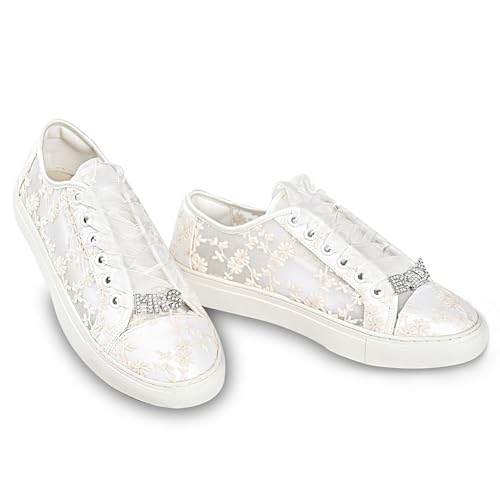 JIAJIA 8835 Personalisierte Metall Namens Hochzeitsschuhe Braut Turnschuhe Flats Braut Tennisschuhe Maßgeschneiderte Spitzen Turnschuhe Farbe Elfenbein,Größe 42 EU (8 UK) von JIAJIA