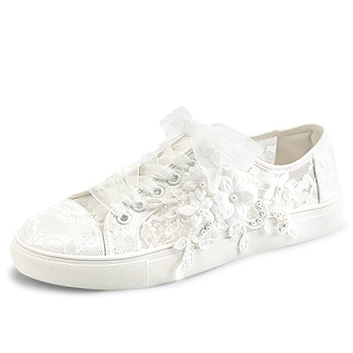 JIAJIA 8836 Hochzeitsschuhe Braut Turnschuhe Wohnungen Braut Tennisschuhe Spitze Turnschuhe Farbe Elfenbein,Größe 41 EU (7 UK) von JIAJIA