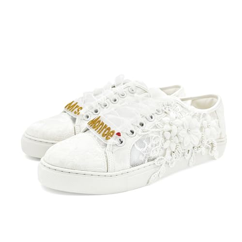 JIAJIA 8836 Personalisierte Hochzeitsschuhe Brautsneaker Flache Schuhe für die Braut Tennisschuhe mit Spitzee Farbe Elfenbein,Größe 42 EU (8 UK) von JIAJIA
