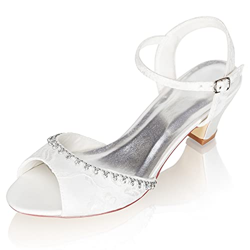 JIAJIA 8964 Damen Brautschuhe Peep Toe 5CM Block Niedriger Absatz Spitze Satin Pumps Sandalen Hochzeitsschuhe Farbe Elfenbein,Größe 38 EU (5 UK) von JIAJIA