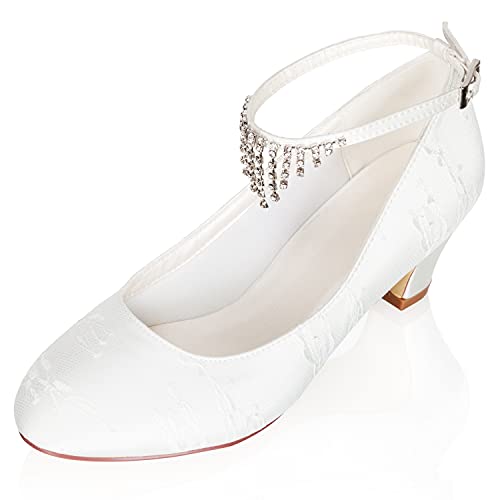 JIAJIA 8966 Damen Brautschuhe Geschlossene Spitze 5CM Block Niedriger Absatz Satin Pumps Strass Hochzeitsschuhe Farbe Elfenbein,Größe 40 EU (6.5 UK) von JIAJIA