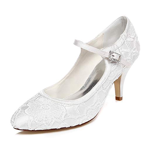 JIAJIA 989774 Damen Brautschuhe Closed Toe Mid Heel Lace Satin Pumps Hochzeitsschuhe Farbe Elfenbein,Größe 35 EU von JIAJIA