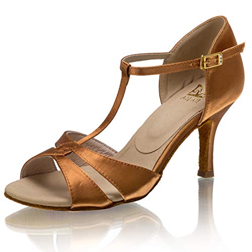 JIAJIA A31W1 Damen Satin Sandalen Mittlerer Absatz Latin Salsa Performance Tanzschuhe Farbe Braun,Größe 38 EU von JIAJIA