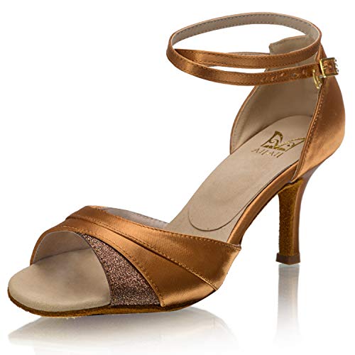 JIAJIA A31W2 Damen Satin Sandalen Mittlerer Absatz Latin Salsa Performance Tanzschuhe Farbe Braun,Größe 35 EU von JIAJIA