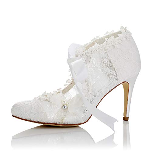 JIAJIA Damen Brautschuhe 16798 Geschlossene Zehe High Heel Spitze Satin Pumps Perle Bowknot Ribbon Tie Hochzeitsschuhe Farbe Elfenbein,Größe 37 EU (4 UK) von JIAJIA