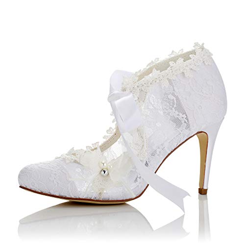JIAJIA Damen Brautschuhe 16798 Geschlossene Zehe High Heel Spitze Satin Pumps Perle Bowknot Ribbon Tie Hochzeitsschuhe Farbe Weiß,Größe 37 EU (4 UK) von JIAJIA