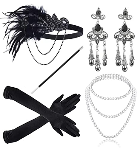 JIAJIAYI 1920s Kostüm Damen Flapper Accessoires Set 20er Jahre Halloween Kostümzubehör für Abschlussball Event Weihnachten Party der 1920s Jahre Gatsby Art Deco Flapper Party (black) von JIAJIAYI