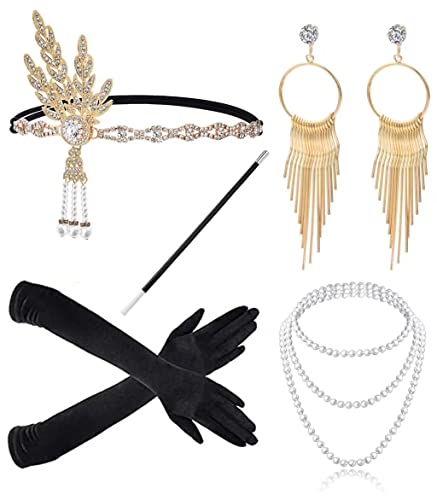 JIAJIAYI 1920s Kostüm Damen Flapper Accessoires Set 20er Jahre Halloween Kostümzubehör für Abschlussball Event Weihnachten Party der 1920s Jahre Gatsby Art Deco Flapper Party (gold) von JIAJIAYI