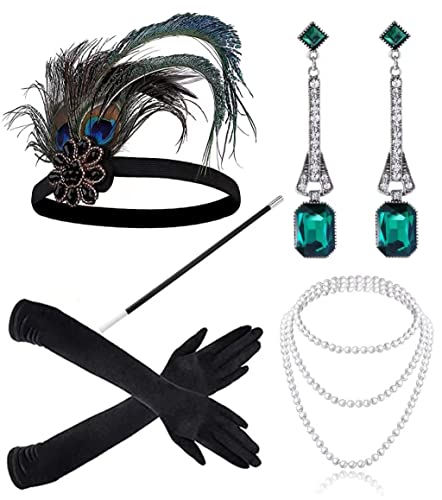 JIAJIAYI 1920s Kostüm Damen Flapper Accessoires Set 20er Jahre Halloween Kostümzubehör für Abschlussball Event Weihnachten Party der 1920s Jahre Gatsby Art Deco Flapper Party (green) von JIAJIAYI