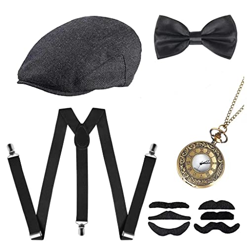 JIAJIAYI 20er Jahre Herren Accessoires,1920er Herren Kostüm Zubehör Set Roaring Retro Gangster Kostüm,20er Gangster Kostüm Rockabilly Mafia Gatsby Flapper kostüm Zubehör Set mit Panama Gangster Hut von JIAJIAYI