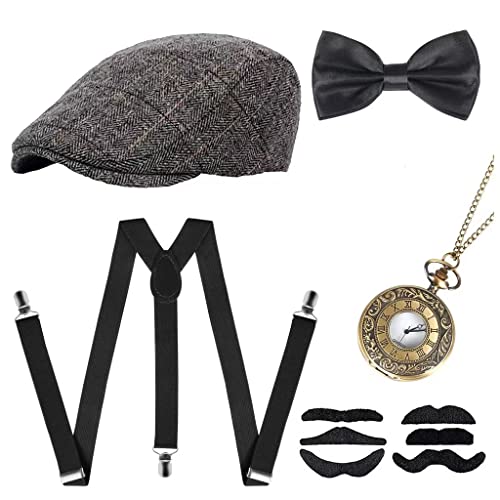 JIAJIAYI 20er Jahre Herren Accessoires,1920er Herren Kostüm Zubehör Set Roaring Retro Gangster Kostüm,20er Gangster Kostüm Rockabilly Mafia Gatsby Flapper kostüm Zubehör Set mit Panama Gangster Hut von JIAJIAYI