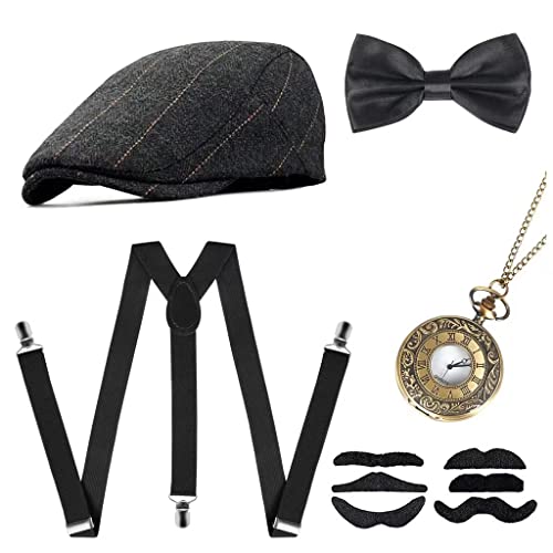 JIAJIAYI 20er Jahre Herren Accessoires,1920er Herren Kostüm Zubehör Set Roaring Retro Gangster Kostüm,20er Gangster Kostüm Rockabilly Mafia Gatsby Flapper kostüm Zubehör Set mit Panama Gangster Hut von JIAJIAYI