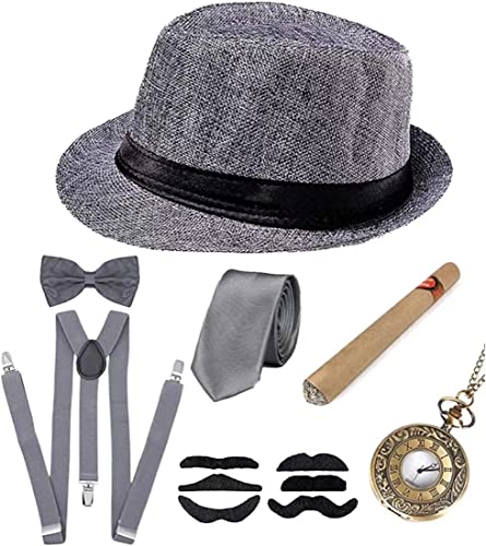 JIAJIAYI 20er Jahre Herren Accessoires,1920er Herren Kostüm Zubehör Set Roaring Retro Gangster Kostüm,20er Gangster Kostüm Rockabilly Mafia Gatsby Flapper kostüm Zubehör Set mit Panama Gangster Hut von JIAJIAYI