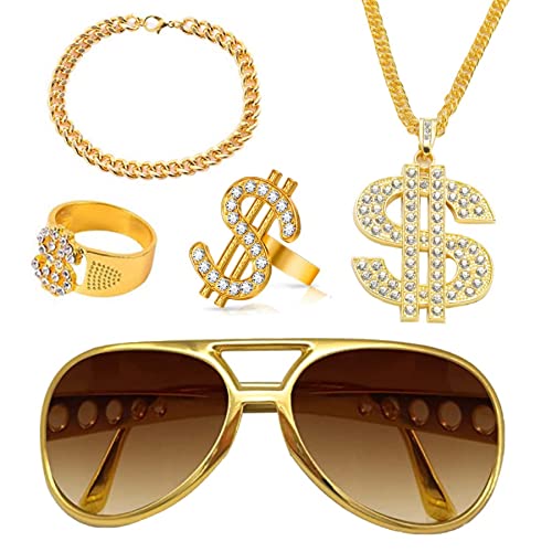 Hip Hop Kostüm Set,Dollar Kette Dollarzeichen Ring Rockstar Brille Rapper Set,Schmuck Gangster 80er, 90er Jahr Rapper Zubehör, Cooler Look für Karneval, Fasching Accessoires, Motto Party von JIAJIAYI