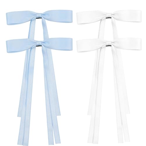 Haarspangen mit Schleife und langem Schwanz, Stoff-Haarspangen für Damen, Mädchen, Kleinkinder, Teenager, Kinder (4 Stück, blau + weiß) von JIALITFUN