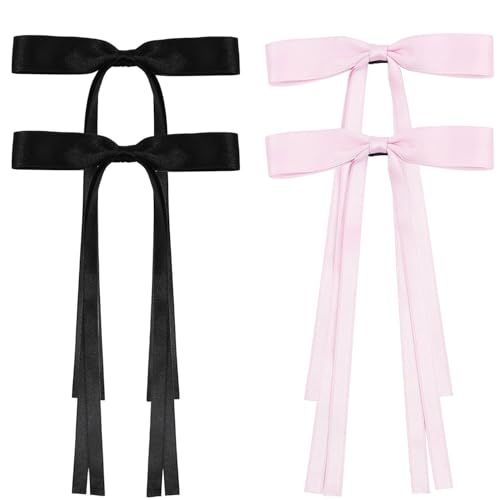 JIALITFUN Stoff-Haarschleifen, Haarschmuck mit langem Schwanz, für Damen, Mädchen, Kleinkinder, Teenager, Kinder, 4 Stück (schwarz + pink) von JIALITFUN