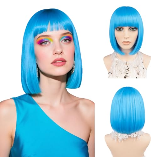 JIAMEISI Blaue Bob-Perücke mit Pony 30cm Glatte Kurze Bob-Haar Synthetische Faser Cosplay-Partys Farbenfrohe Perücke für Frauen und Mädchen Weihnachten Halloween Modisches Aussehen (Hellblau) von JIAMEISI