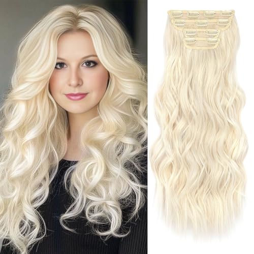 JIAMEISI Clip in Extensions, 4 Stück 56cm Vollkopf Lange Gewellte Haarextension, Synthetik lockige Clip-In Haarverlängerung, Dickes Natürliches Weiches Haarteil für Frauen Mädchen 200g (#60 Blond) von JIAMEISI