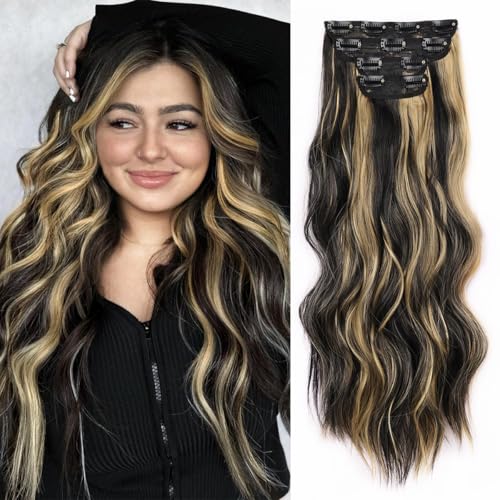 JIAMEISI Clip in Extensions, 4 Stück 56cm Vollkopf Lange Gewellte Haarextension, Synthetik lockige Clip-In Haarverlängerung, Dickes Natürliches Weiches Haarteil für Frauen Mädchen 200g (#1B/27) von JIAMEISI