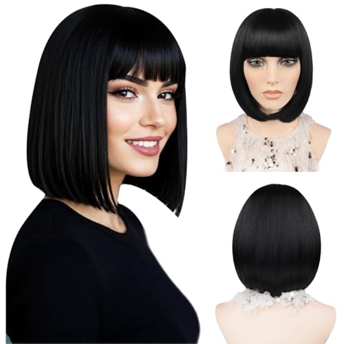 JIAMEISI Kurze Bob-Perücke mit Pony 30cm Glatte Bob-Perücke Hitzebeständige Synthetische Faser Farbenfrohes Haar für Frauen und Mädchen Cosplay-Partys Weihnachten Halloween Tägliche (Schwarz) von JIAMEISI