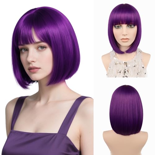 Kurze Bob-Perücke mit Pony, 30cm synthetische bunte Perücke für Frauen & Mädchen, hitzebeständiges Faserhaar – für Weihnachten, Halloween, Cosplay, Partys & Alltag (Dunkelviolett) von JIAMEISI