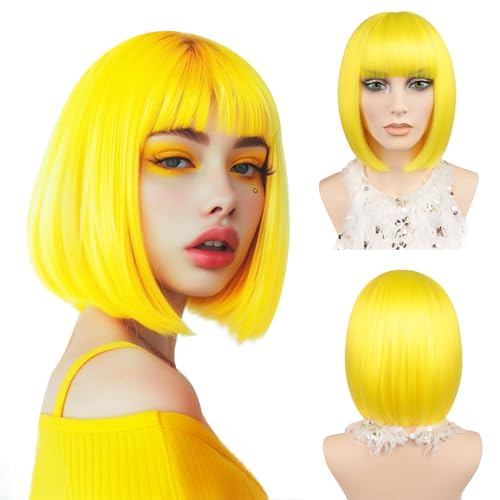 Kurze Bob-Perücke mit Pony, 30cm, glatt, bunt, synthetische Faser, Bob-Perücke für Frauen und Mädchen, geeignet für Cosplay, Weihnachten, Halloween, den täglichen Gebrauch bei Partys (Gelb) von JIAMEISI