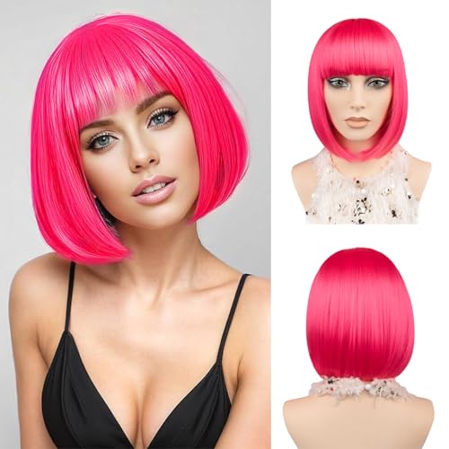 Rosa Glatte Bob-Perücke 30cm Kurze Bob-Perücke mit Pony Hitzebeständige Synthetische Faser Farbenfrohe Bob-Perücke für Frauen und Mädchen Party Weihnachten Halloween Cosplay Tägliche (Knallrosa) von JIAMEISI