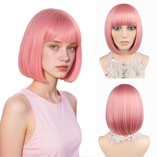 Rosa Kurze Bob-Perücke 30cm Glatte Bob-Perücke mit Pony Hitzebeständige Synthetische Faser Farbenfrohe Bob-Perücke für Frauen und Mädchen Party Cosplay Halloween Tägliche Nutzung (Hellrosa) von JIAMEISI