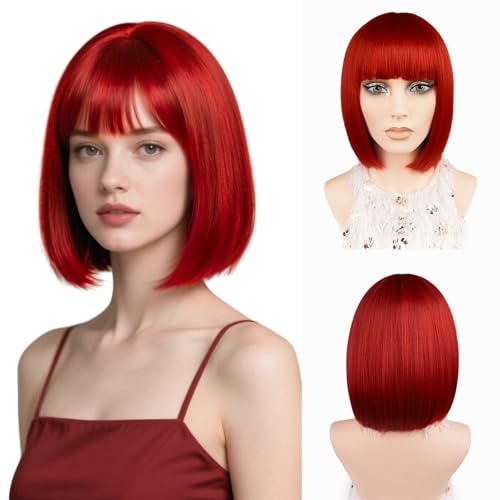 Rote Bob-Perücke mit Pony 30cm Kurze Bob-Perücke für Frauen und Mädchen Cosplay-Partys Hitzebeständige Synthetische Faser Glattes Farbenfrohes Haar Modisches Aussehen Weihnachten Halloween (Rot) von JIAMEISI