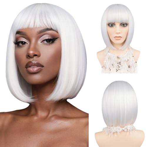 Kurze Bob-Perücke mit Pony 30cm Glatte Bob-Perücke für Frauen und Mädchen Synthetische Hitzebeständige Faserhaare für Cosplay, Party, Weihnachten, Halloween und Tägliche Nutzung (Weiß) von JIAMEISI