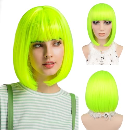 Kurze Bob-Perücke mit Pony Glatte Bob-Perücke für Frauen Synthetisches Haar Hitzebeständige Faser Modisches Aussehen für Mädchen Cosplay-Partys Weihnachten Halloween Nutzung (Neongrün) von JIAMEISI