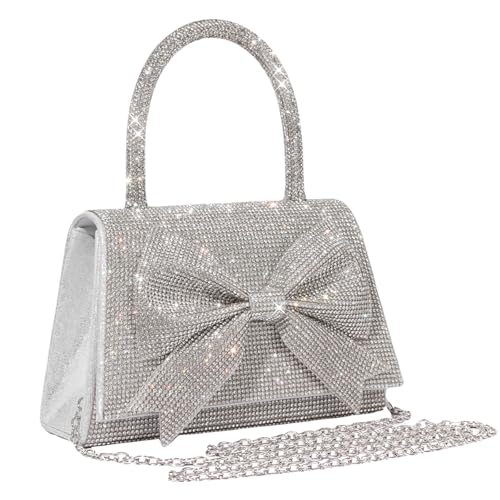 JIAN YA NA Modische Clutch für Damen, Brautjungfer, Damen, Mädchen, Braut, Abend, für Abschlussball, Cocktail, Party, Hochzeit, Verlobung, Quadratische Schleife, Silber von JIAN YA NA