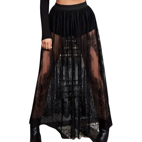 2025 Frauen Vintage Steam Punk Rock Kostüm Slip Unterrock Schwarz Mesh Hohe Taille Midi Maxi Lange Rock von JIANGML