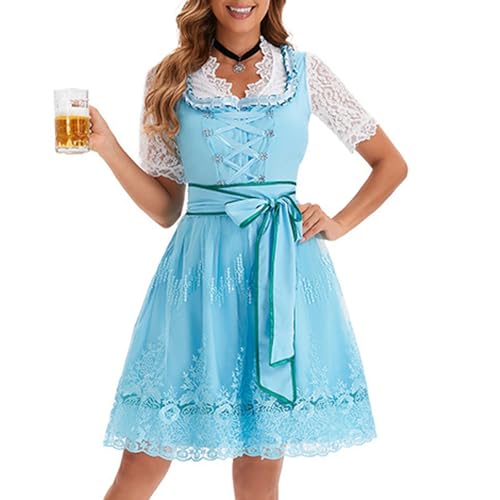 2025 Kleid Dirndl Damen Midi Oktoberfest mit Schürze und Bluse Fernblau geblümt Kleidung Dirndl Midi Trachtenkleid inkl. Trachtenrock Dirndlbluse Dirndlschürze Oktoberfest Trachtenkleid Trachtenmode von JIANGML
