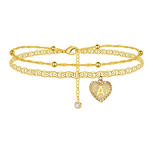Damen Buchstaben Fußkette Edelstahl/18k vergoldet zweilagige Fußarmband mit Herz Charms Minimalist Mädchen Fußkettchen 22+5cm verstellbar Knöchel Armband Sommer Schmuck Accessoire von JIANGML